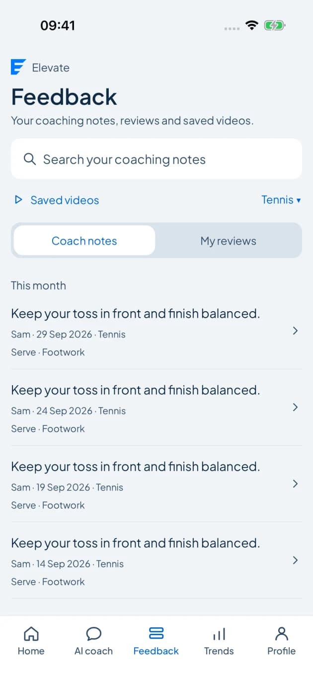 Elevate AI feedback timeline showing sample coaching notes